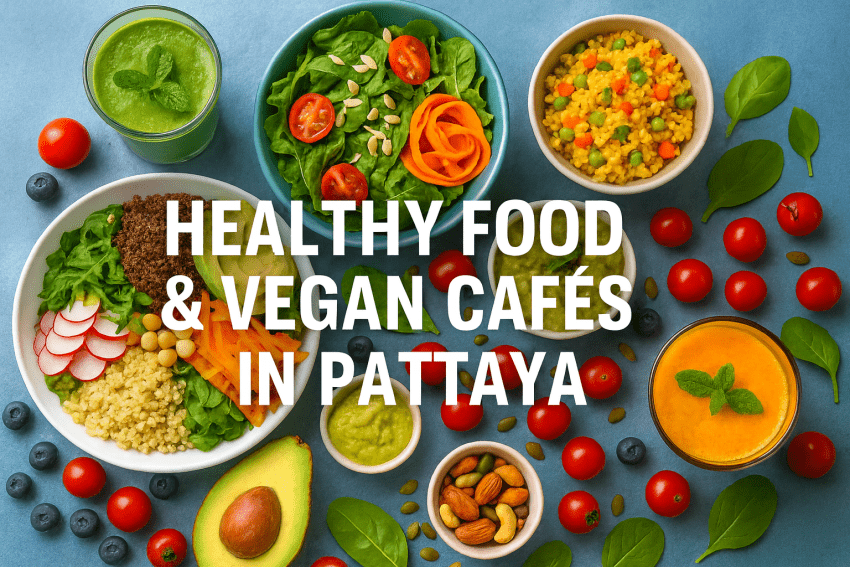 Colorful collage of healthy vegan dishes and smoothie bowls from cafés in Pattaya — featured image for clean eating blog post