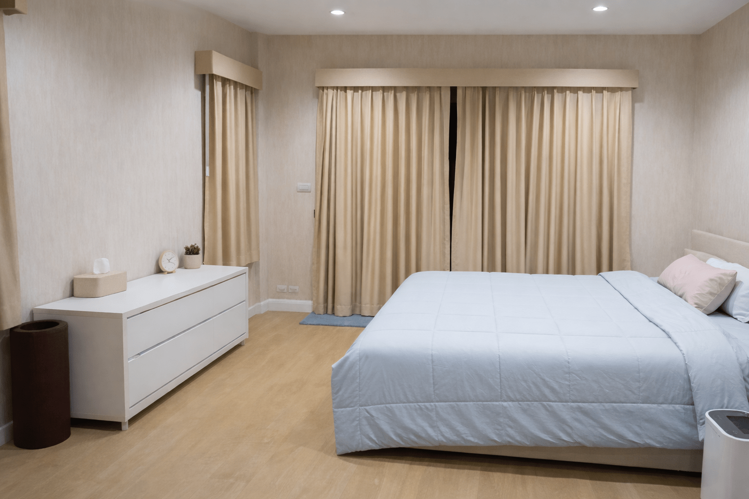 Modern serene bedroom at night