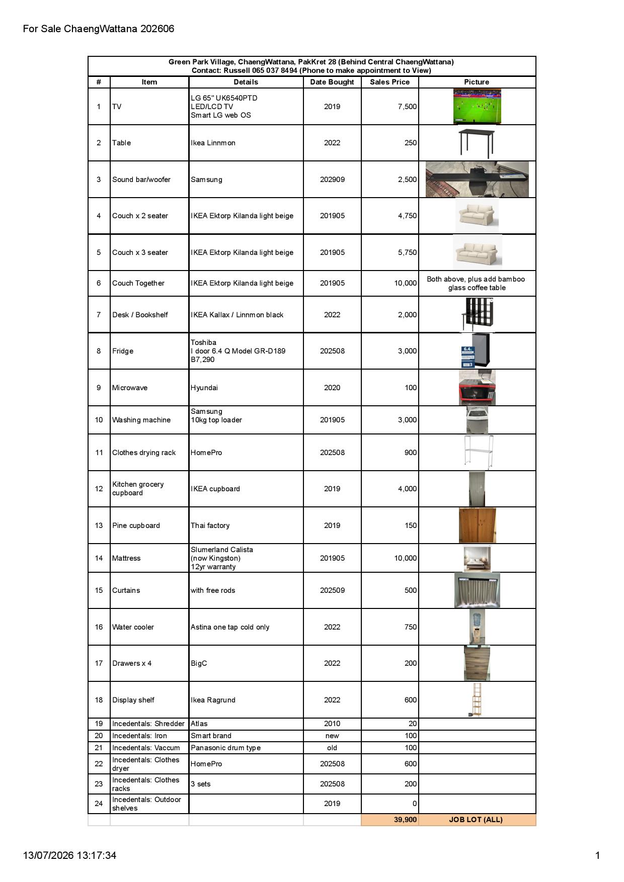 Household Items For Sale ChaengWattana 202606