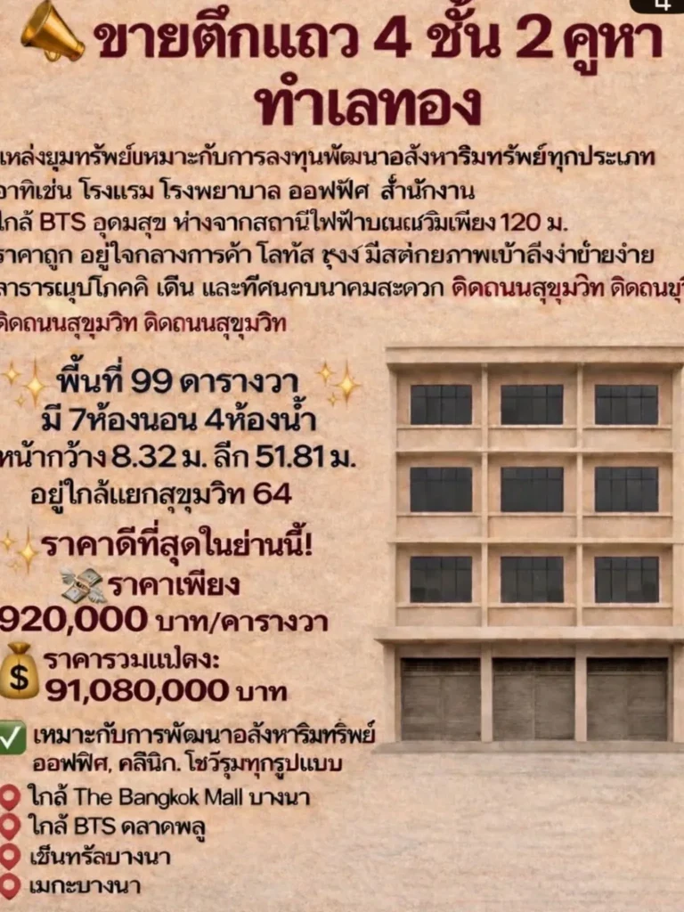 Commercial building for sale 99 square wa (approximately 396 square meters)  in a prime location near the BTS Skytrain, Sukhumvit